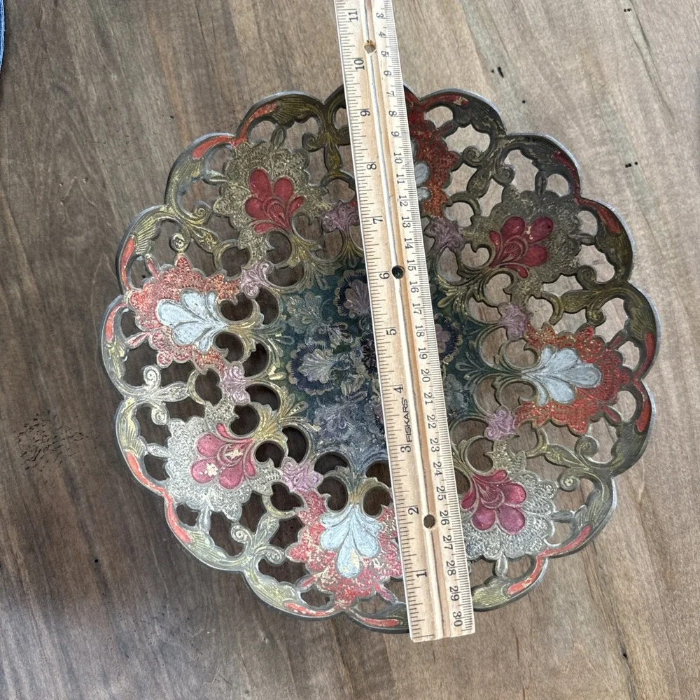VINTAGE INDIA BRASS ENAMELED OPENWORK BOWL
